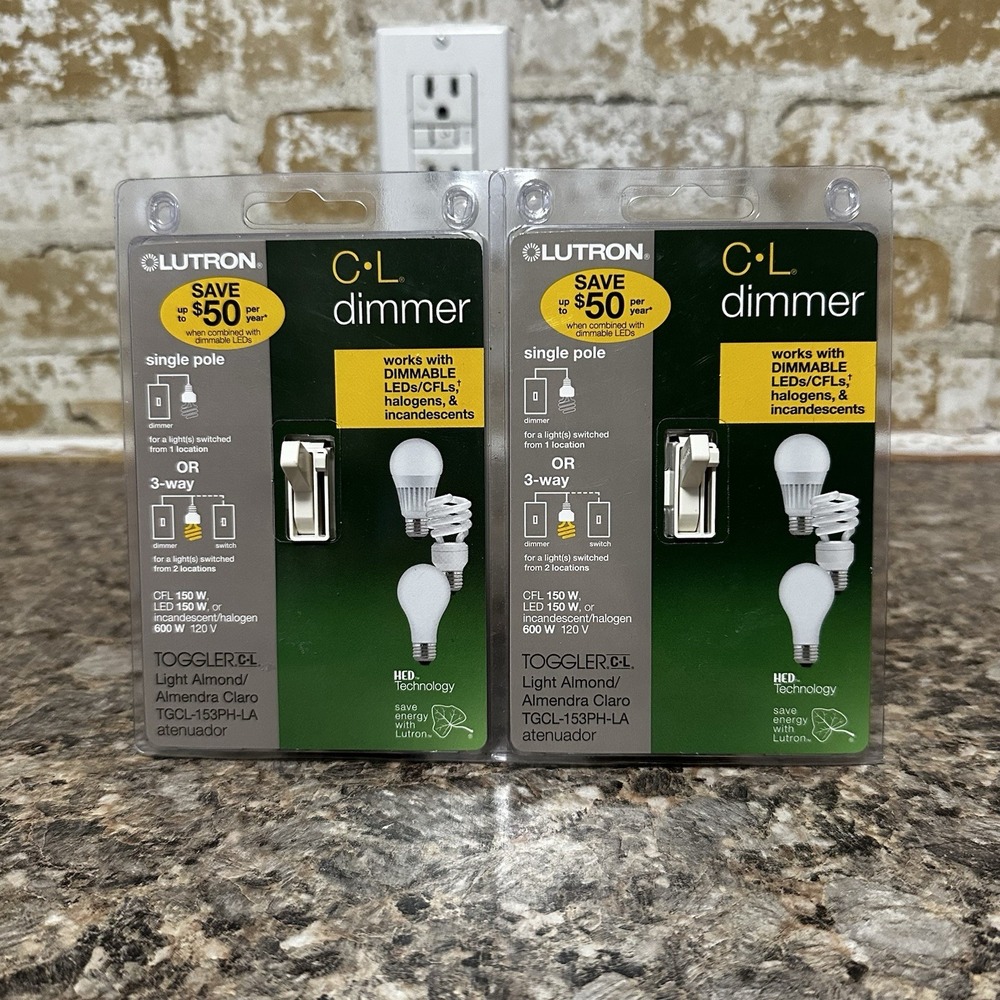 2pc Lutron TGCL-153PH-WH White C.L Toggler LED CFL Single Pole 3-Way Dimmer NEW!